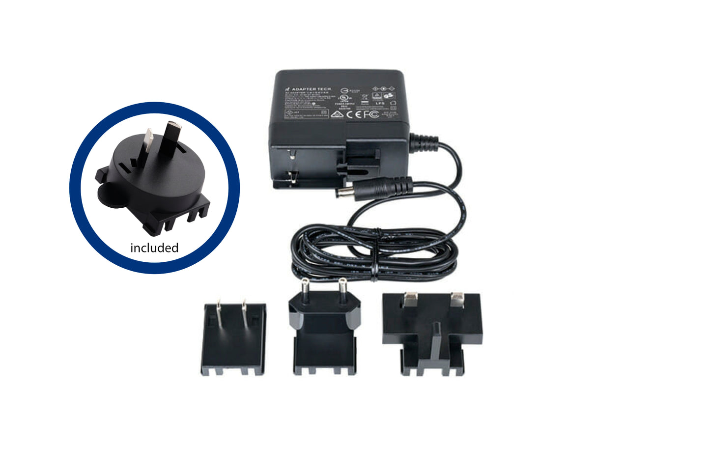 picture of the standard power supply for the elysia qube with adapter for Australia and New Zealand included.