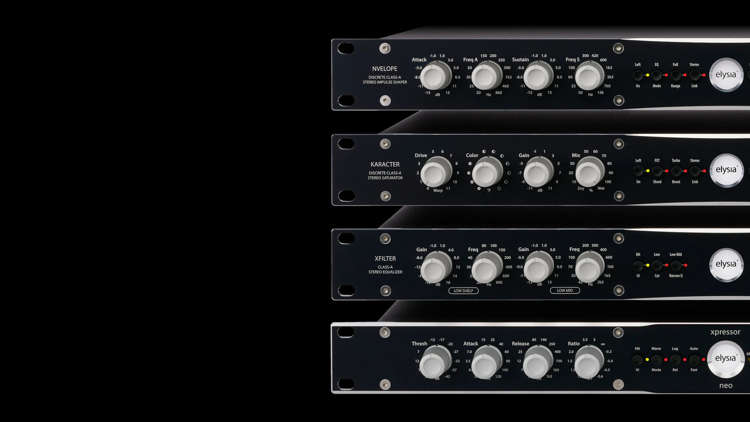 elysia 19 inch 1 RU units with all the buttons and controls.