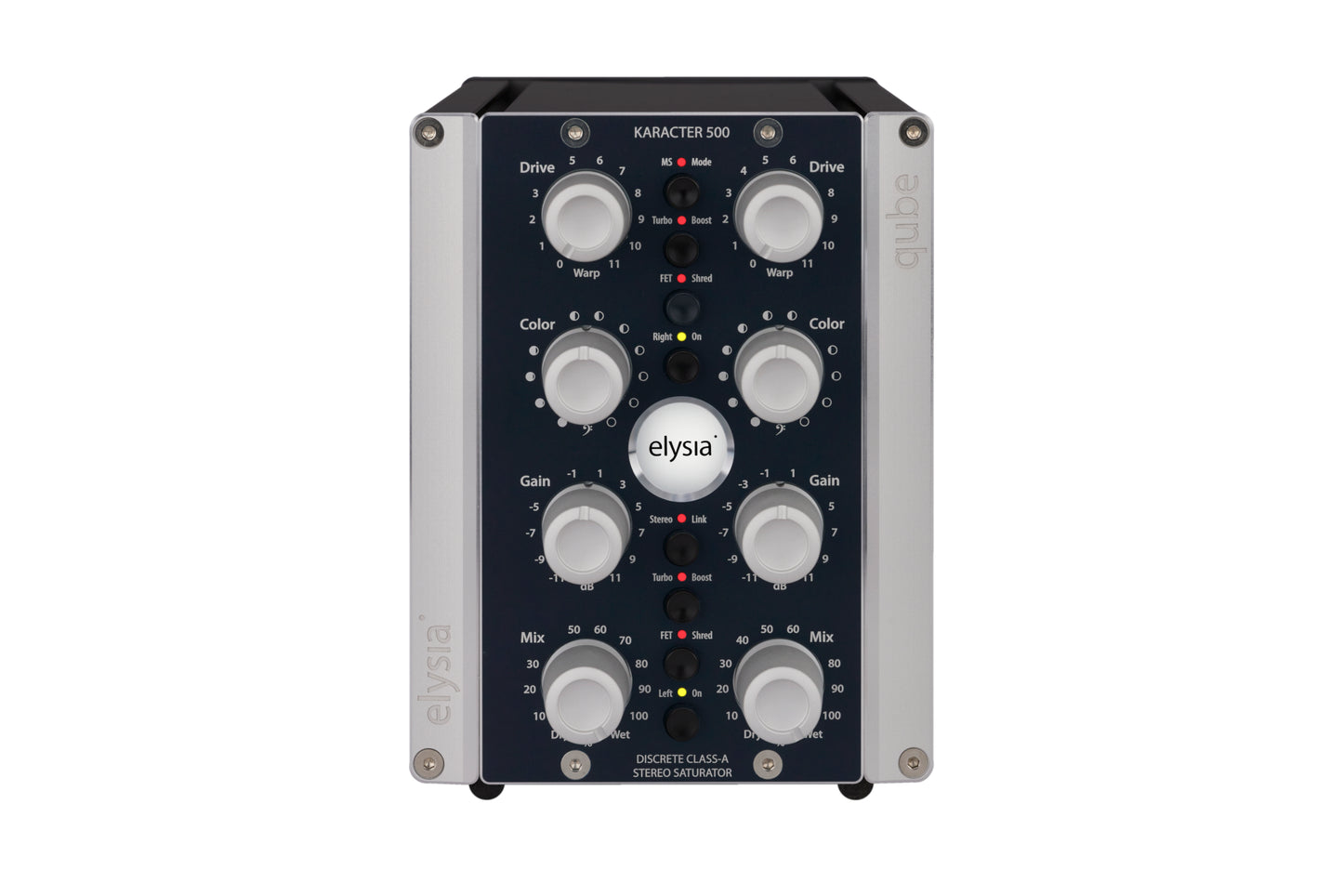 karacter in the elysia qube format Front View with all controls and buttons.