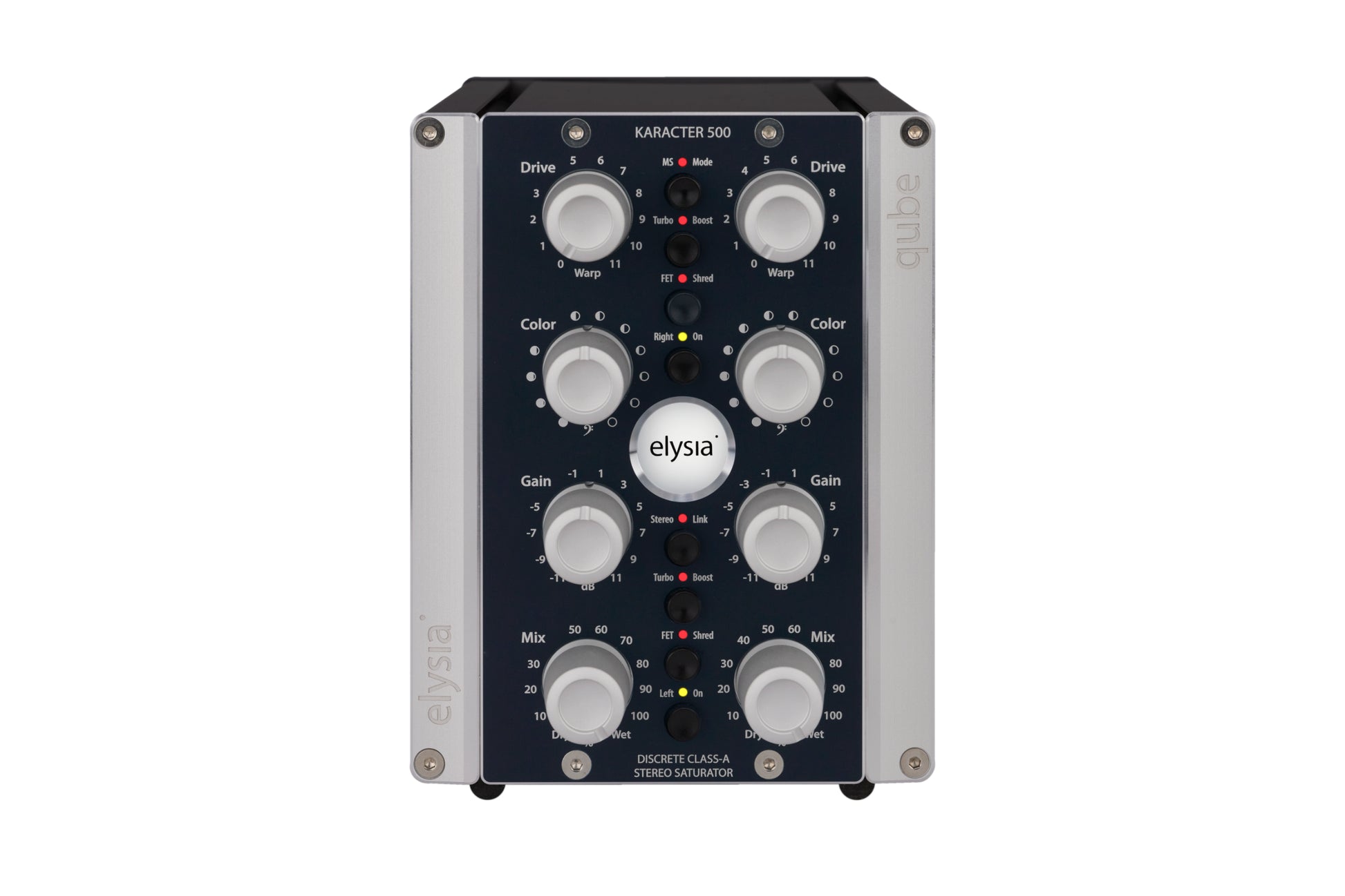 karacter in the elysia qube format Front View with all controls and buttons.