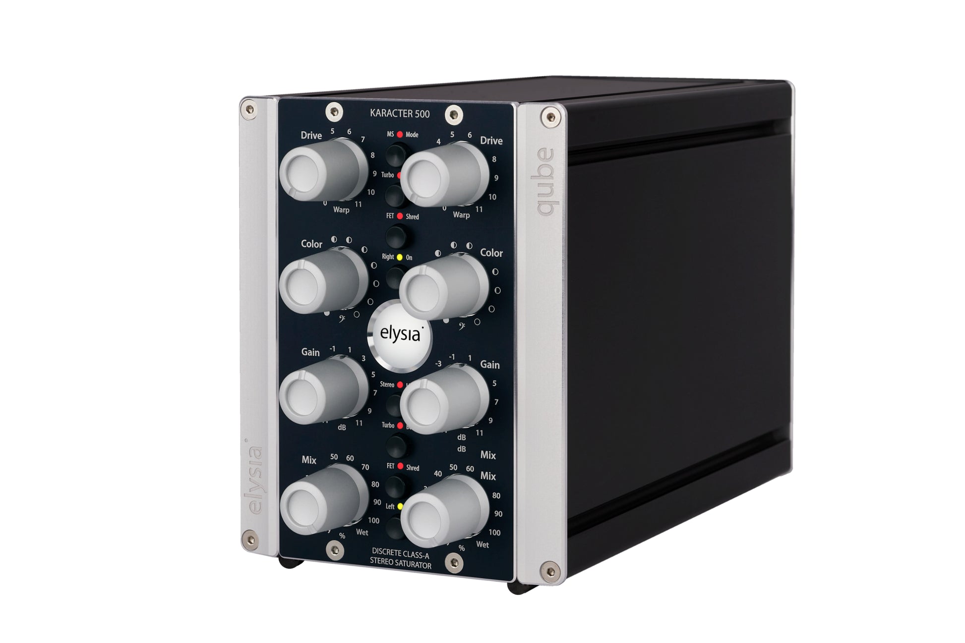 karacter in the elysia qube format Front Left View with all controls and buttons.