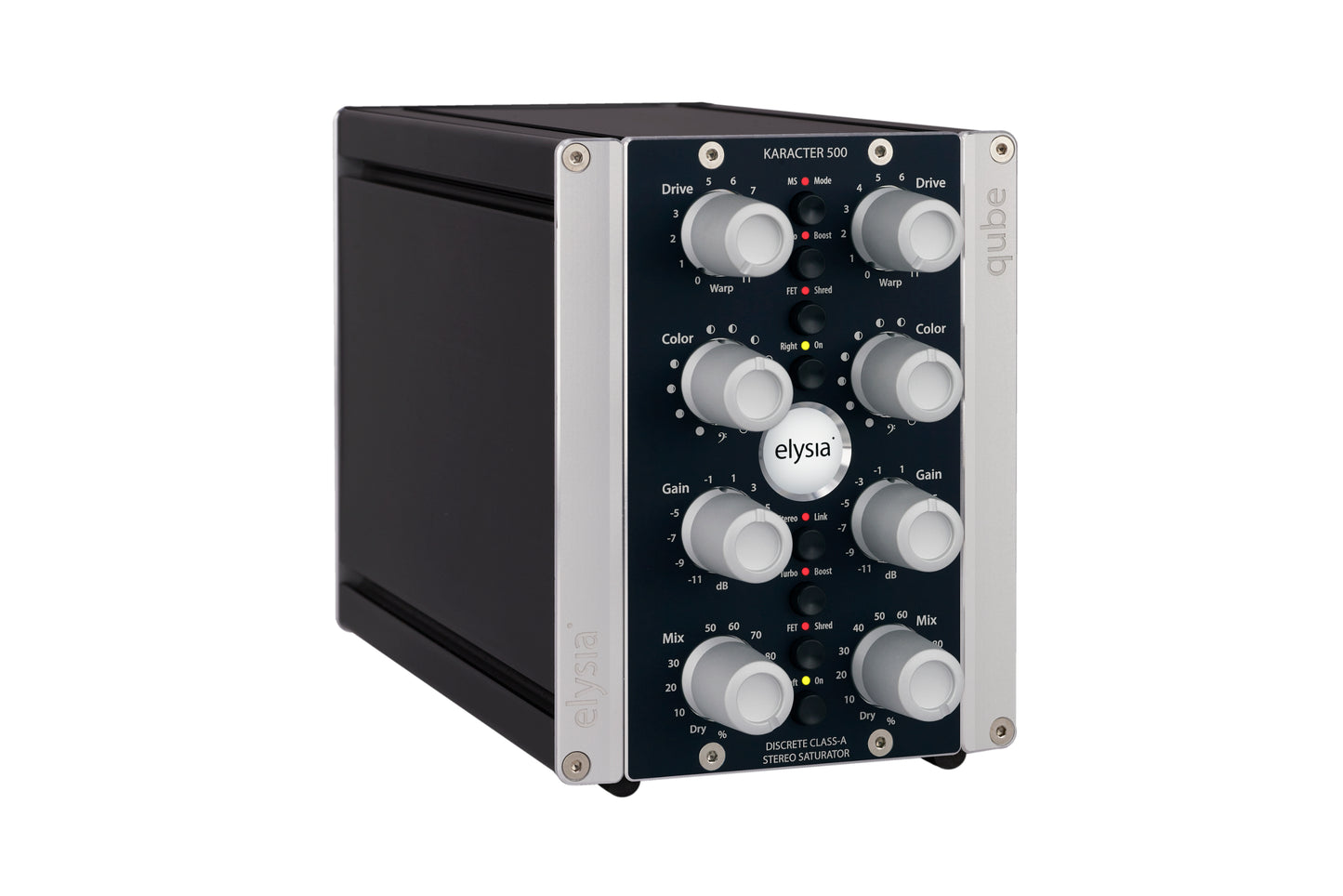 karacter in the elysia qube format Front Right View with all controls and buttons.