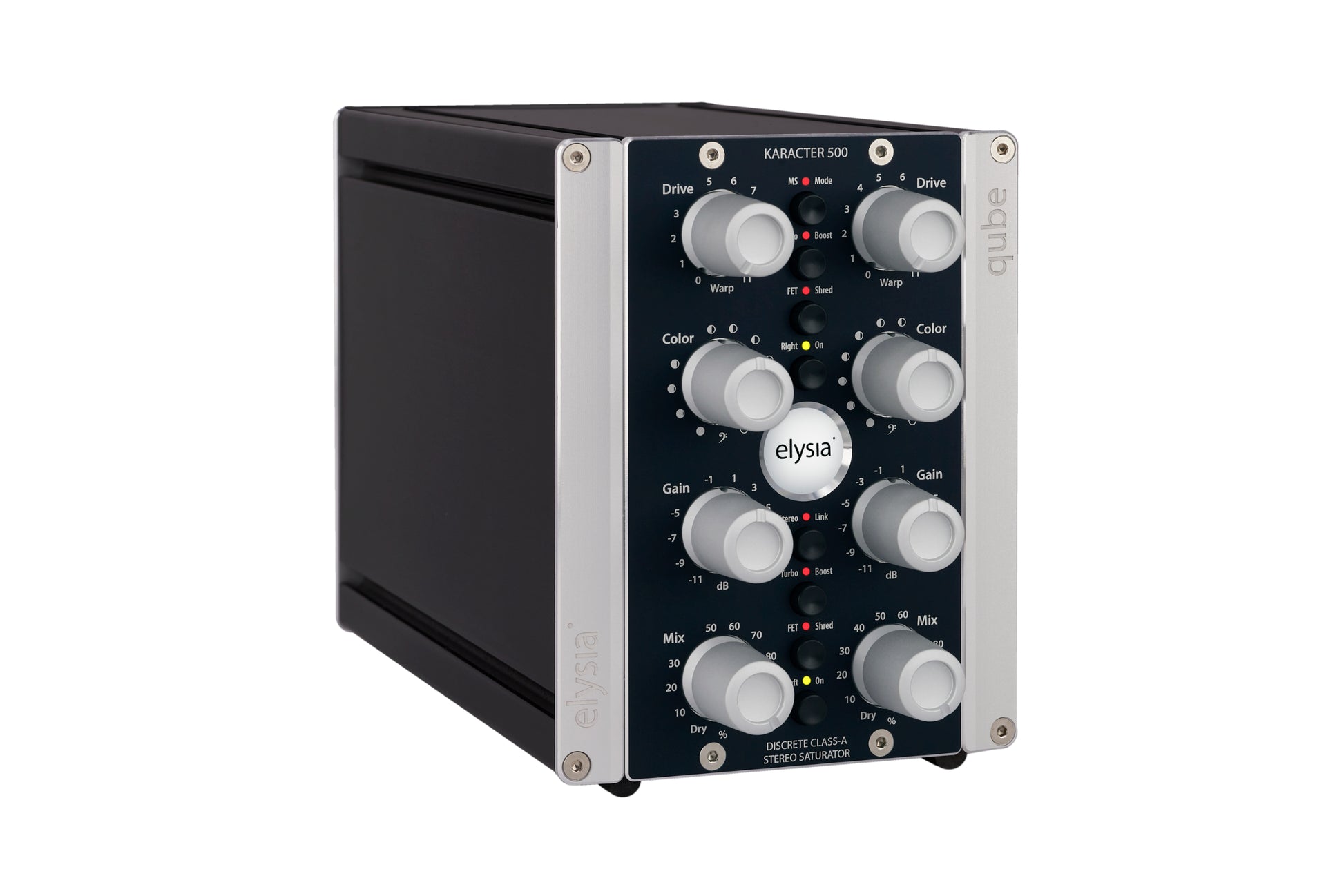 karacter in the elysia qube format Front Right View with all controls and buttons.