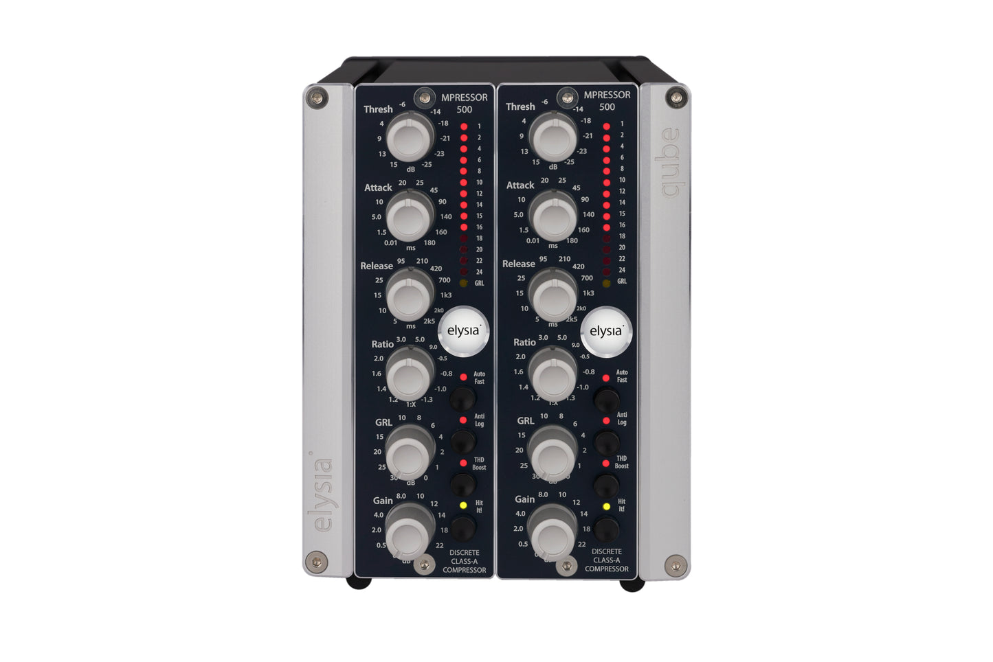 2x mpressor in the elysia qube format Front View with all controls and buttons.