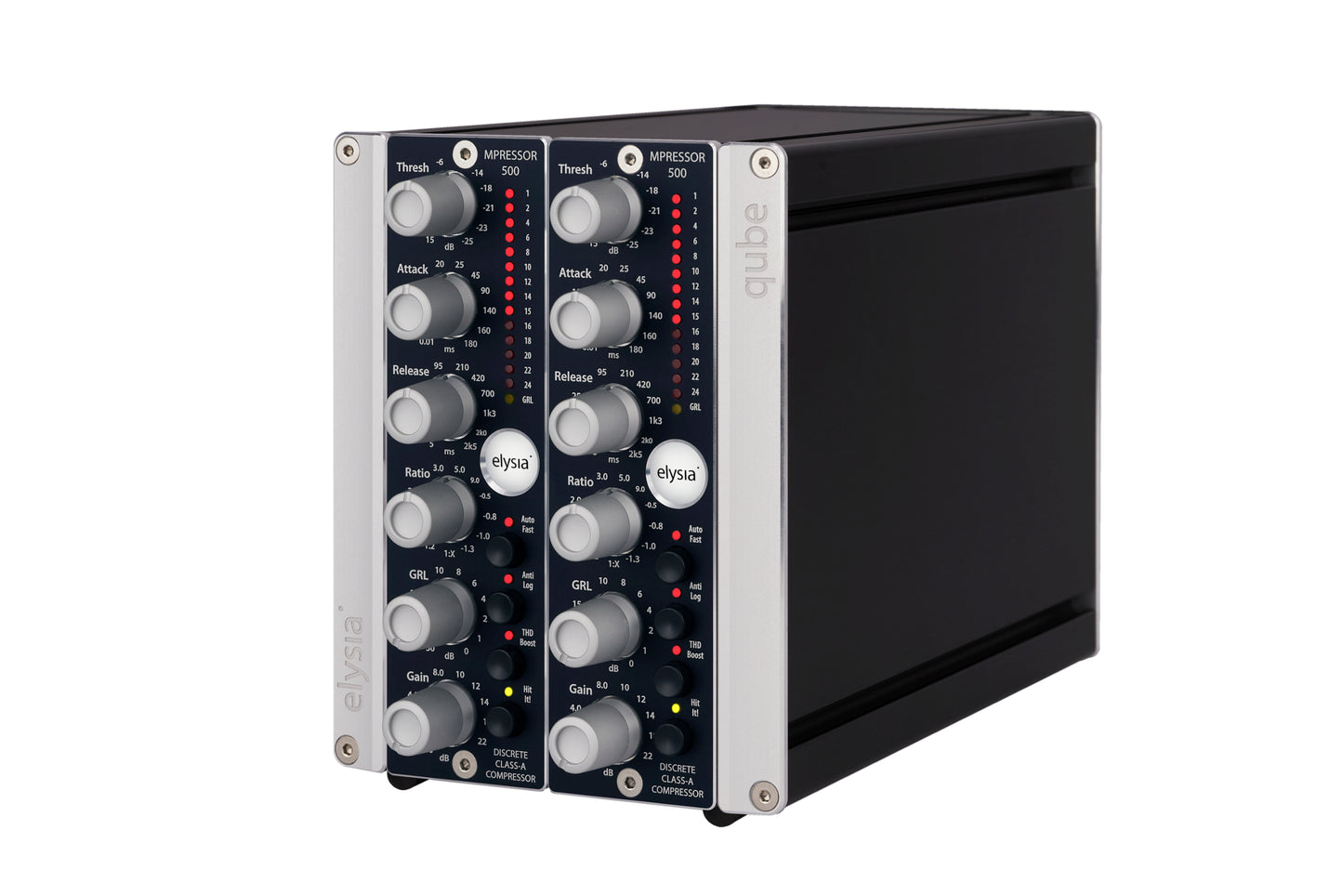 2x mpressor in the elysia qube format Front Left View with all controls and buttons.