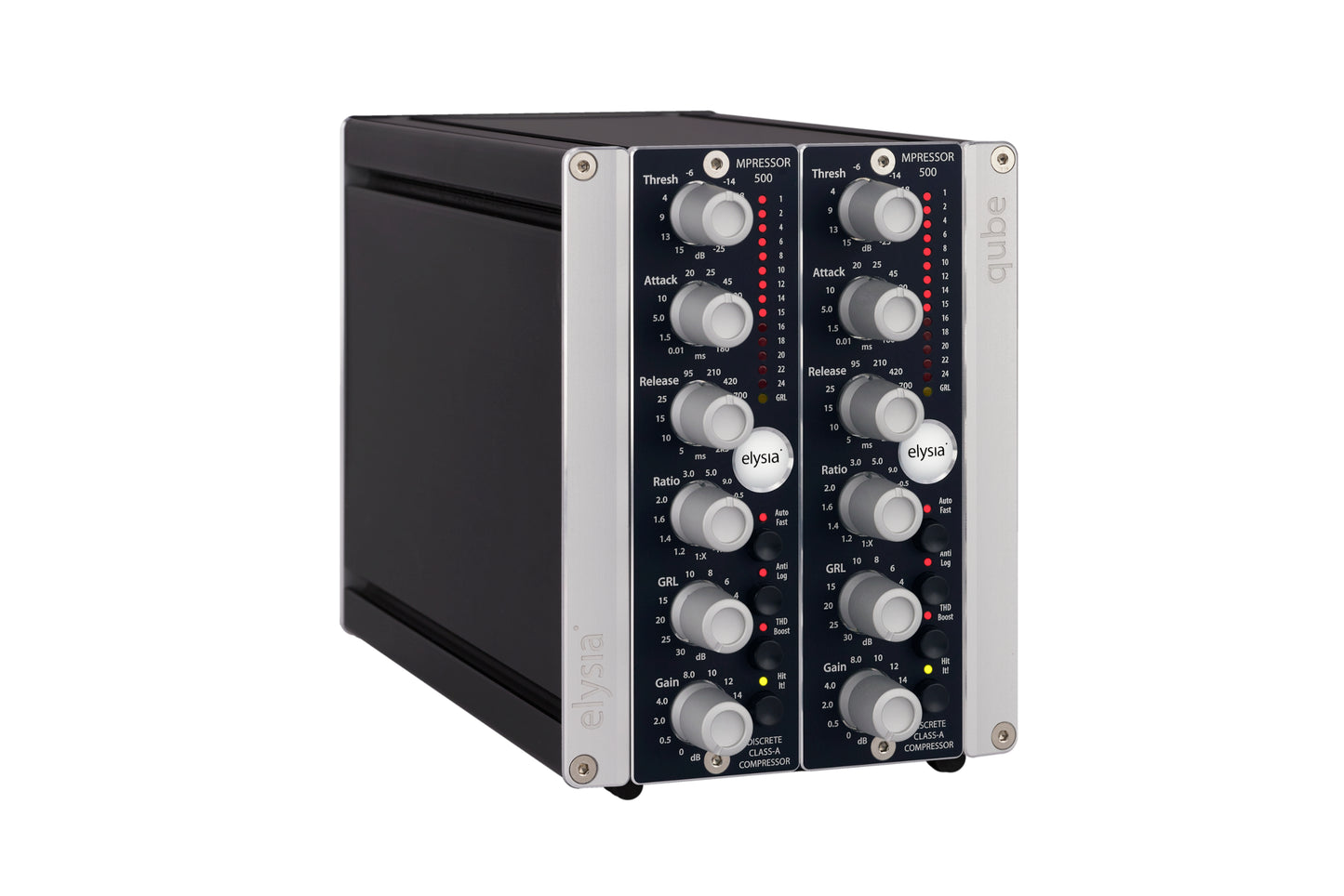 2x mpressor in the elysia qube format Front Right View with all controls and buttons.