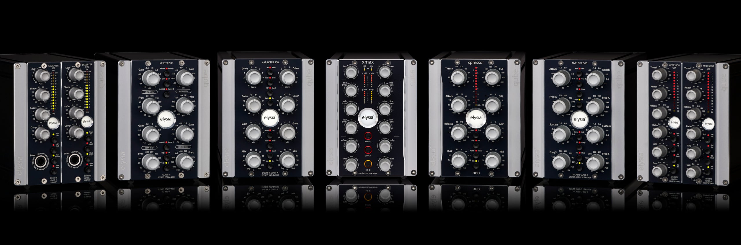 elysia qube Series Family. All qubes next to each other in a row - showing the front and all the controls and buttons.