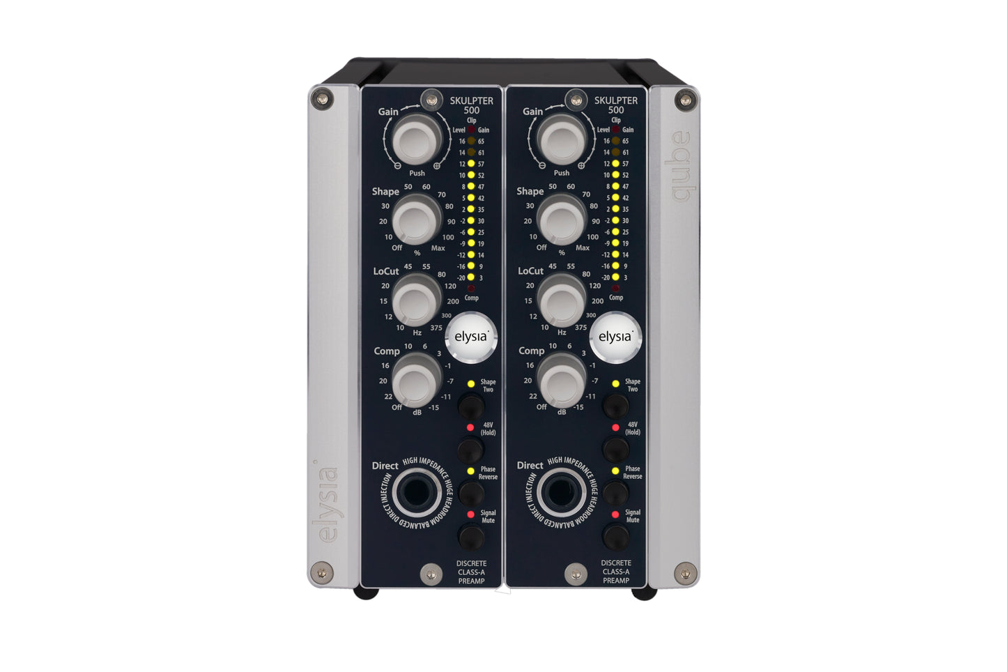 2x skulpter in the elysia qube format Front View with all controls and buttons.