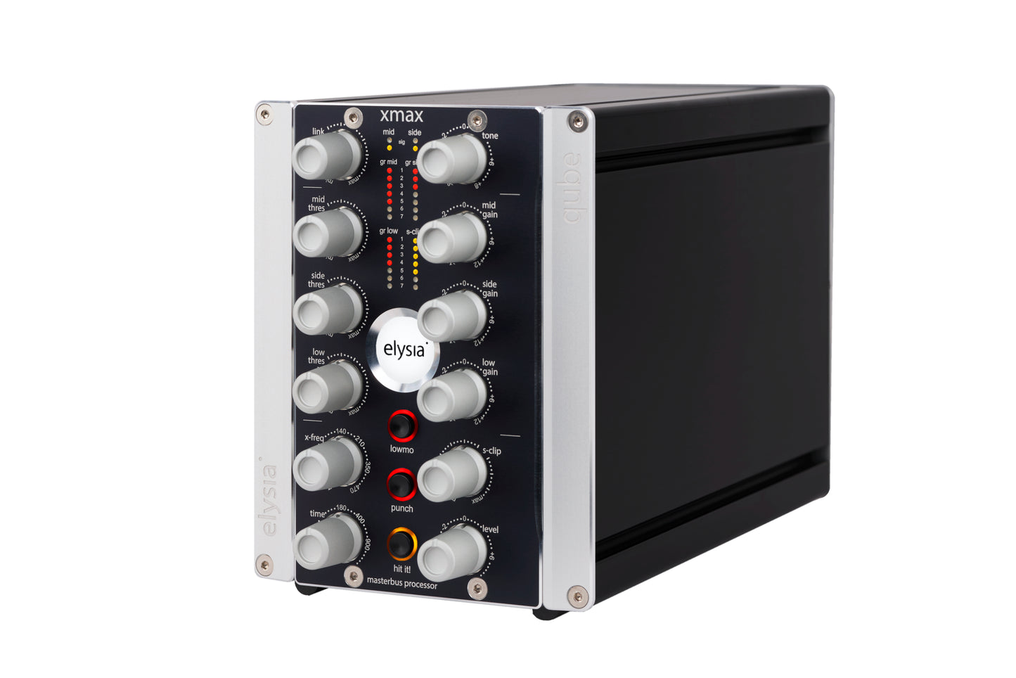 xmax in the elysia qube format Front Left View with all controls and buttons.