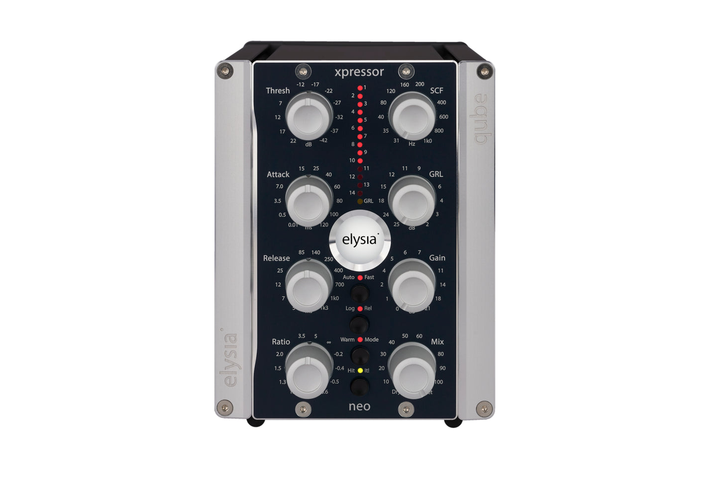 xpressor|neo in the elysia qube format Front View with all controls and buttons.