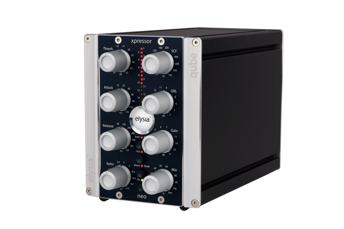 xpressor|neo in the elysia qube format Front Left View with all controls and buttons.