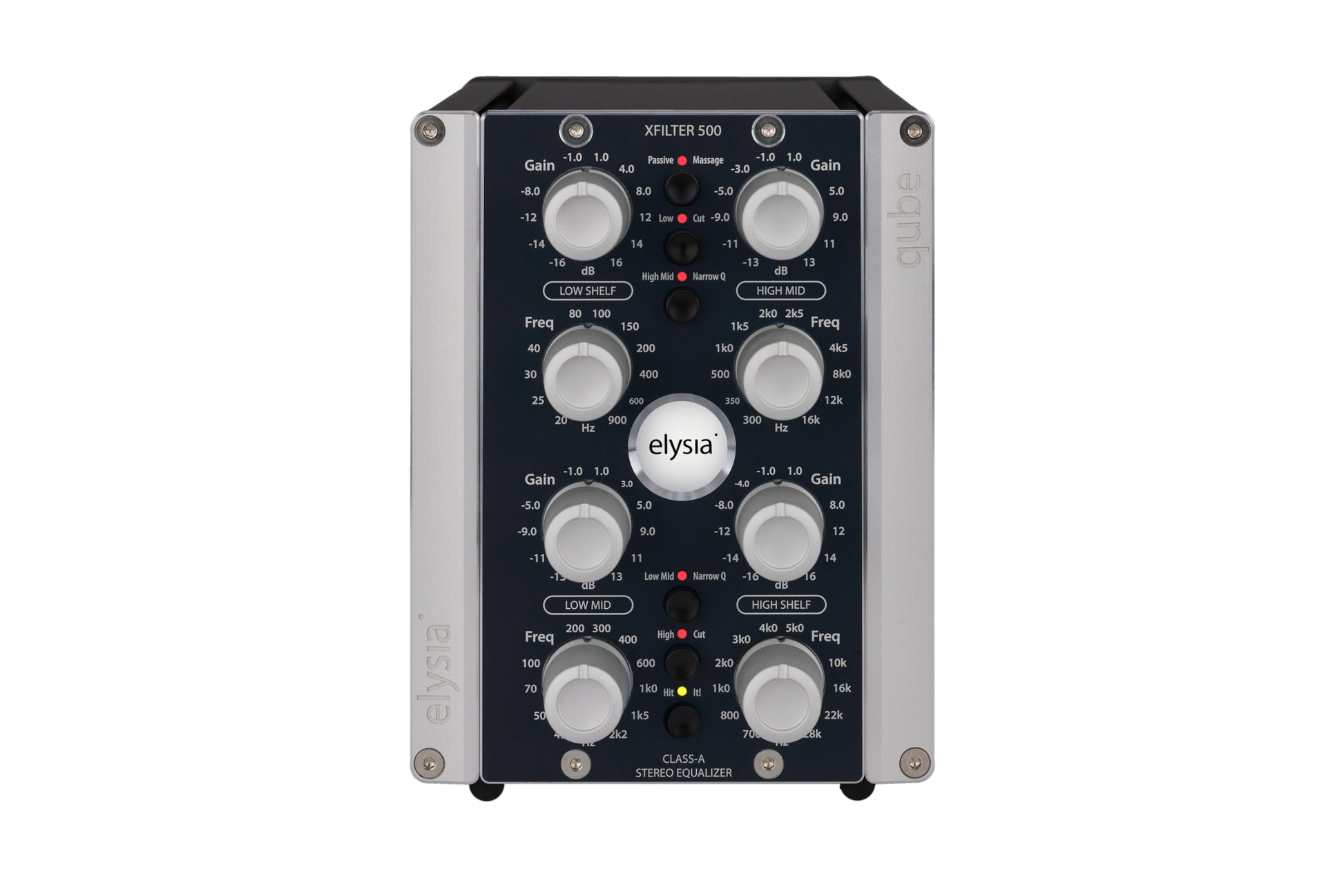xfilter in the elysia qube format Front View with all controls and buttons.